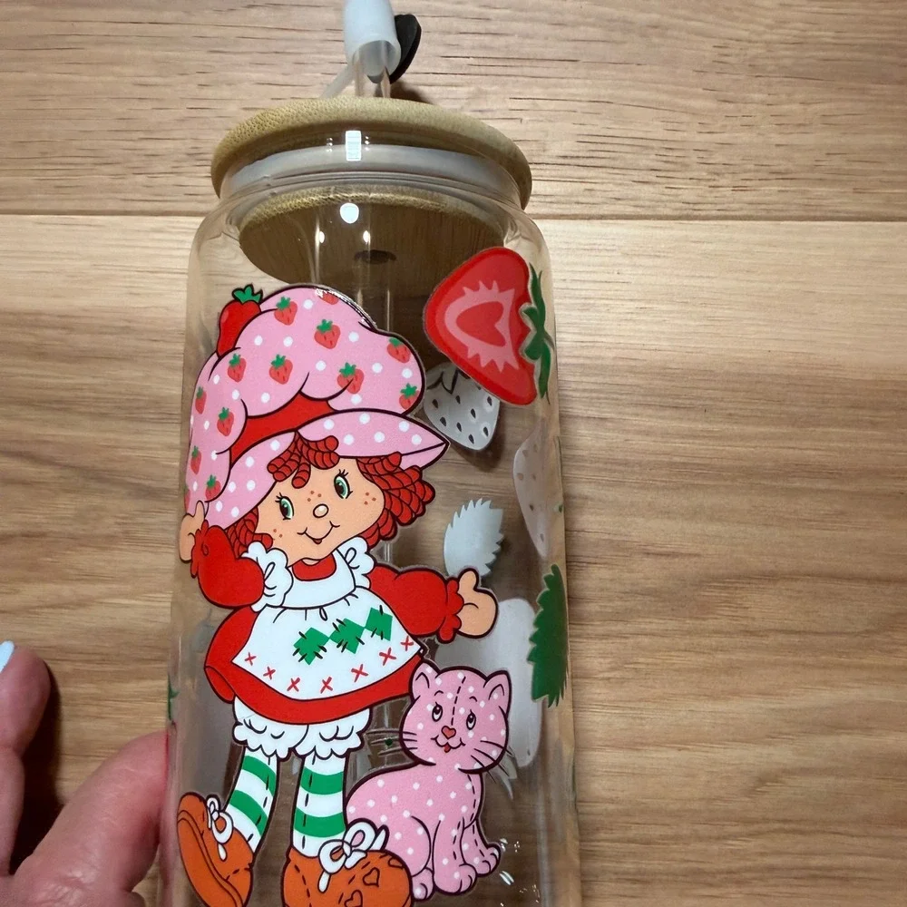 Strawberry Shortcake Glass Tumbler Kids Adults 16oz Clear Red Bamboo Lid Straw